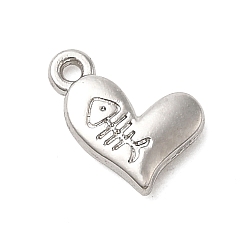 Платина Подвески из сплава , сердце с рыбьей костью, стойки покрытие, долговечный, без свинца, без кадмии и без никеля, платина, 8.5x9.5x2.5 мм, отверстие : 1 мм