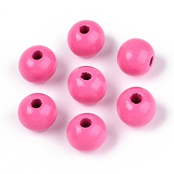 Ярко-Розовый Круглые бусины из натурального дерева схима, окрашенные распылением, ярко-розовый, 11.8~12.5x11 мм, отверстие : 2.5~3 мм