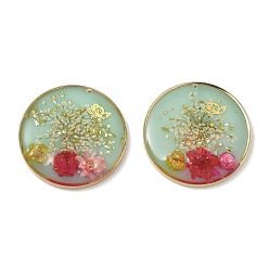 Pale Green Plating Brass & Transparent Epoxy Resin & Dried Flower Pendants, Flat Round with Flower & Butterfly Pattern Charm, with Glitter Powder, Pale Green, 30x5mm, Hole: 1mm