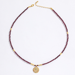 Гранат Кулон из нержавеющей стали в виде сглаза, ожерелье из граненых круглых натуральных гранатов с бисером для женщин, ионное покрытие (IP)., золотые, 15.75 дюйм (40 см)