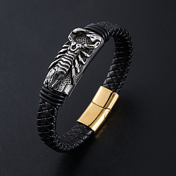 Античный Серебристый & Золотой Браслеты из плетеного шнура из искусственной кожи в стиле панк, 304 Браслеты из нержавеющей стали с подвесками в виде скорпиона для мужчин, с магнитной застежкой, старинное серебро & золотой, 8.66 дюйм (22 см)