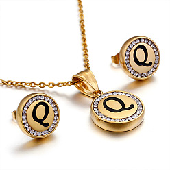 Letter Q Плоский круглый с буквенным узором 304 ожерелье с подвеской из нержавеющей стали и серьгами-гвоздиками, золотые, Буква Q, 450 мм