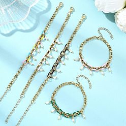 Разноцветный Браслеты с подвесками из натурального культивированного пресноводного жемчуга, 304 Браслеты-цепочки Фигаро из нержавеющей стали с эмалью для женщин, рис, красочный, 7.09 дюйм (18 см)