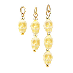 Yellow Halloween Handmade Porcelain & Electroplate Non-magnetic Synthetic Hematite Pendants, with 304 Stainless Steel Open Jump Rings, Skull Charms, Golden, Yellow, 14~35x6x7mm, about 3pcs/set