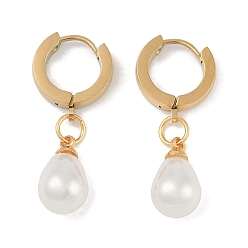 Белый Вакуумное покрытие pvd 201 серьги-кольца из нержавеющей стали, с пластиковыми бусинами из искусственного жемчуга, 304 штифт из нержавеющей стали, слеза, золотые, белые, 32x8 мм