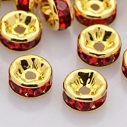 Light Siam Brass Rhinestone Spacer Beads, Grade A, Straight Flange, Golden Metal Color, Rondelle, Light Siam, 6x3mm, Hole: 1mm