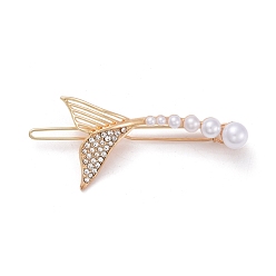Light Gold Alloy Crystal Rhinestone Hair Barrettes, with Plastic Beads, Fishtail, Light Gold, 64x27x12mm