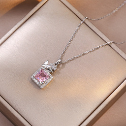 Бледно-Розовый 304 Подвеска в виде флакона духов из нержавеющей стали с инкрустацией кубическим цирконием, цепочка-колье для женщин, цвет нержавеющей стали, розовый жемчуг, 15.75 дюйм (40 см)