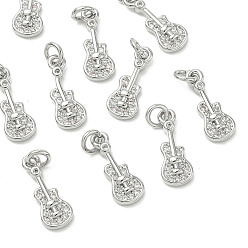 Real Platinum Plated SHEGRACE Brass Micro Pave Cubic Zirconia Pendants, Guitar Charm, Cadmium Free & Nickel Free & Lead Free, Clear, Real Platinum Plated, 13.5x5x2mm, Hole: 2.5mm