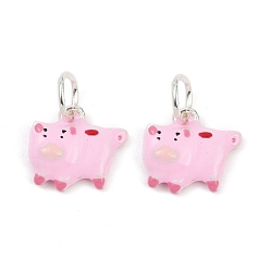 Свинья Сплав эмаль животные мультфильм подвески, с целью перехода в кольце, серебряные, свинья, 13x14.5x4.5 мм, отверстие : 5.5 мм