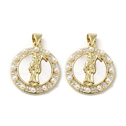 Oval Подвески из латунных ракушек, Религиозные обереги Девы Марии с прессом, имитирующим жемчуг, реальный 18 k позолоченный, овальные, 23x20x3.5 мм, отверстие : 3.5x4 мм