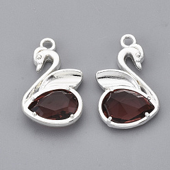 Silver Eco-Friendly Alloy Glass Pendants, Faceted, Nickel Free, Swan, Brown, Silver Color Plated, 20x12.5x4mm, Hole: 1.5mm