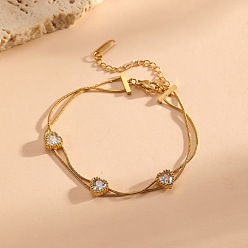 Cœur 304 Bracelets géométriques en acier inoxydable sertis de zirconiums cubiques transparents 2 à plusieurs rangs pour femmes, or, cœur, 6.30 pouce (16 cm)