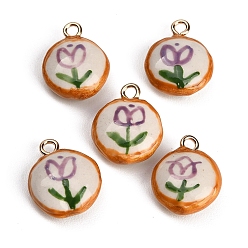 Purple Handmade Porcelain with Brass Pendants, Round with Tulip Charms, Hand Painted, Famille Rose Porcelain, Golden, Purple, 21.5x17.5x8.5~9mm, Hole: 2.5mm