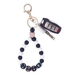 Black Silicone Round Beaded Keychain Wristlet, Letter Love Natural Lava Rock Beads Keychain, with Alloy Keychain Clasps Finding, Black, 20.08cm