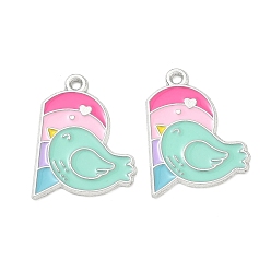Platinum Alloy Enamel Pendants, Bird with Heart Charms, Split Pendants, Platinum, 25.5x18.5x1mm, Hole: 1.6mm