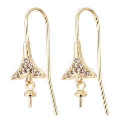 Real 18K Gold Plated Brass Micro Pave Cubic Zirconia Earring Hooks, for Half Drilled Beads, Long-Lasting Plated, Whale Tail Shape, Real 18K Gold Plated, 25mm, 21 Gauge, Pin: 0.7mm