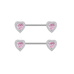 Сердце 304 Кольца для сосков из нержавеющей стали с розовым кубическим цирконием, цвет нержавеющей стали, сердце, 16 мм, штифты : 1.6 мм