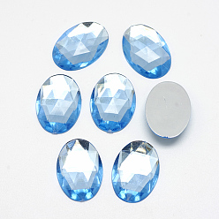 Озёрно--синий Акриловые горные хрусталь плоские задние кабошоны, граненые, Дно посеребренные, овальные, Плут синий, 18x13x4.5 мм