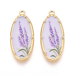 Лиловый Печатный стиль 304 овальные подвески из нержавеющей стали с цветочным узором, ионное покрытие (ip), реальный 18 k позолоченный, сирень, 33.5x14x2.5 мм, отверстие : 1.8 мм
