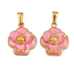 Ярко-Розовый 304 нержавеющей стальной эмали подвески, цветок, золотые, ярко-розовый, 23x19x10 мм, отверстие : 7.5x3.5 мм