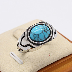 Бирюза 316Мужские кольца из хирургической нержавеющей стали и синтетической бирюзы, овальные, античное серебро, размер США 10 (19.8 мм)