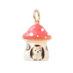 Mushroom Spray Painted Brass Pendants, UV Printed, Golden, Dog In Mushroom Charms, 19x14x9.5mm, Hole: 4mm