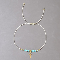 Аквамарин Браслеты из плетеных бусин из натурального аквамарина, Браслеты с подвесками в виде креста из нержавеющей стали для женщин, граненые