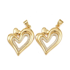 Настоящее золото 16K Латунные микро проложить кубического циркония подвески, сердце, реальный 16 k позолоченный, 23x22x2 мм, отверстие : 4.5x3.5 мм