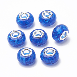 Mixed Color Crackle Resin European Beads, Large Hole Beads, with Silver Color Plated Brass Cores, Rondelle, Mixed Color, 13.5~14x8.5~9mm, Hole: 5mm