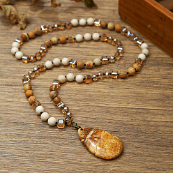 Пейзажный Джаспер Натуральная картина яшма плоская каплевидная подвеска круглые камни и кубические стеклянные бусины длинные ожерелья для женщин, 29.92 дюйм (76 см)