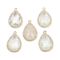 Хрусталь Ограненные подвески из натуральных кристаллов кварца, стойка покрытие латунь микропаве прозрачный кубический цирконий каплевидные подвески, золотые, 24.5x16.5x6.5 мм, отверстие : 1.6 мм