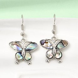 Platinum Rack Plating Brass Dangle Earrings for Women, with Shell, Butterfly, Platinum, 38x21.5mm