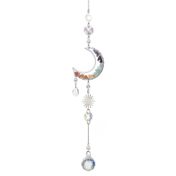 Смешанные камни Подвесные ловцы солнца из латуни с луной и чакрой из натуральных смешанных драгоценных камней, стеклянные подвески-капли для декора садовых окон, 300x48 мм