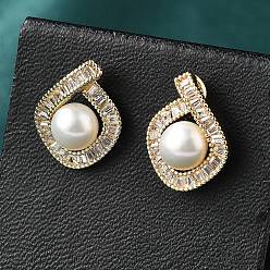 Настоящее золото 14K Серьги-гвоздики из латуни и стекла, с натуральной жемчужиной, ромб, реальный 14 k позолоченный, 15x11.5 мм