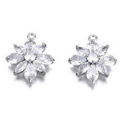 Platinum Brass Clear Cubic Zirconia Pendants, Flower, Platinum, 18x16x5mm, Hole: 1.4mm