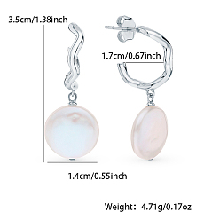 Platine Boucles d'oreilles pendantes en argent sterling plaqué rhodium en forme de C, avec perles rondes plates naturelles, platine, 925mm