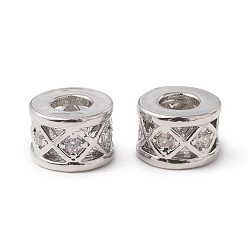 Платинированный Экологически чистые латунные бусины из циркония с микропаве, бусины с большим отверстием, долговечный, без свинца и без кадмия, колонка, Реальная платина, 6x4 мм, отверстие : 3 мм