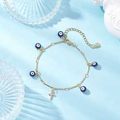 Синий Браслеты с подвесками из латуни и эмали, латунные звенья цепи браслеты для женщин, сглаз и крест, синие, 7-1/8 дюйм (18.2 см)