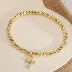 Настоящее золото 18K Браслеты с подвесками из латуни с прозрачным кубическим цирконием, круглые бусины эластичные браслеты для женщин, крестик, реальный 18 k позолоченный, 7.87 дюйм (20 см)