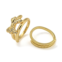 Настоящее золото 18K Двойные кольца из латуни с бантом и микро-паве с прозрачным фианитом, для женщин, без кадмия и без свинца, реальный 18 k позолоченный, внутренний диаметр: 17.8 мм, бант : 11x16.5 мм, 2 шт / комплект