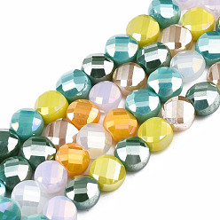 Colorful Electroplate Opaque Glass Beads Strands, AB Color Plated, Faceted, Flat Round, Colorful, 6x6x3.5~5mm, Hole: 1mm, about 99pcs/strand, 22.05 inch(56cm)