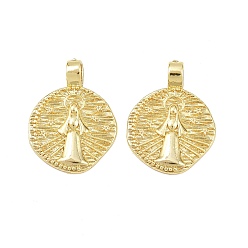 Настоящее золото 18K Латунные подвески, плоские круглые с Девой Марией, долговечный, стойки покрытие, реальный 18 k позолоченный, 24.5x18.5x2 мм, отверстие : 3.8x2.4 мм