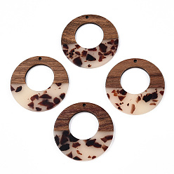 Old Lace Transparent Resin & Walnut Wood Pendants, Donut Charms, Old Lace, 38x3mm, Hole: 2mm
