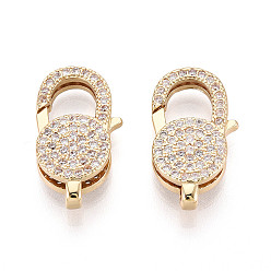 Настоящее золото 18K Застежки-лобстеры с прозрачным кубическим цирконием и латунным паве, плоско-круглые, реальный 18 k позолоченный, 20.5x11.5x5 мм, отверстие : 1.8~2 мм