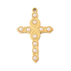 Золотой 304 подвески из нержавеющей стали, крестик, с пластмассовой жемчужиной abs, ионное покрытие (ip), золотые, 32x20.5x3 мм, отверстие : 1.8 мм
