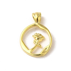 Real 24K Gold Plated Brass Pendants, Ring with Rose Charms, Real 24K Gold Plated, 16.5x12.5x2mm, Hole: 2.5x4mm