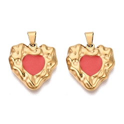 Light Coral 303 Stainless Steel Enamel Pendants, Heart Charms, Ion Plating(IP), Real 18K Gold Plated, Light Coral, 19.5x18.5x3.5mm, Hole: 5.5x3.5mm