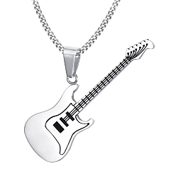 Couleur Acier Inoxydable Colliers pendentifs en acier inoxydable anti-ternissement, guitare, couleur inox, 23.62 pouce (60 cm)