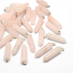 Розовый Кварц Карандаш естественный розовый кварц точки подвески, с латунной фурнитурой платинового цвета, 36x9~10x9~10 мм, отверстие : 2x7 мм